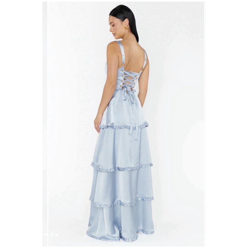 Light Blue Satin Tiered Maxi Dress Bustier Corset Back Ruffle Gown Formal